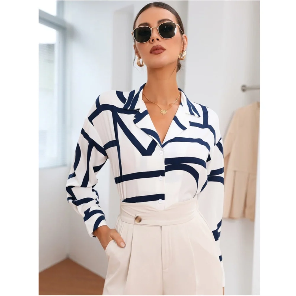 Geometric Print Blouse Buttoned Shirt White - Picture 3 of 9